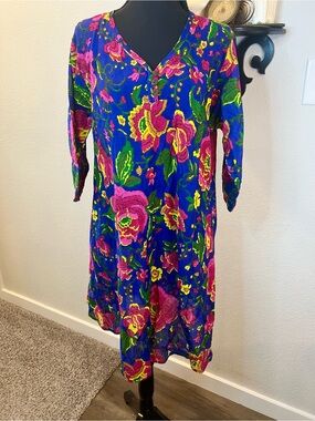 Flower Blue Pink Yellow Bright Big Floral Boho Swim Cover Up Dress Sz S Resort‎